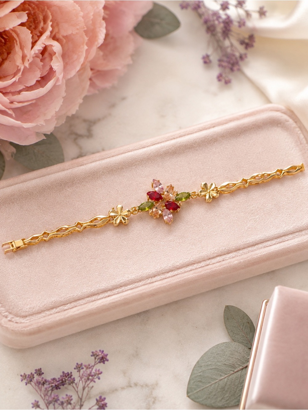 Vintage Style Gold Tone Floral Multicolor Rhinestone Link Bracelet